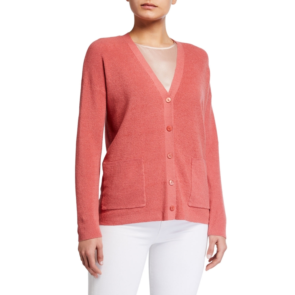 Eileen Fisher Organic Linen Crepe Stretch Boyfriend Cardigan "Coral"